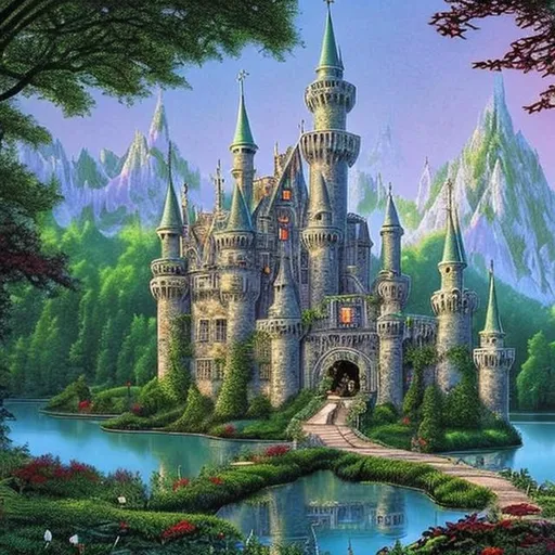 Prompt: white fairy tale castle beside a green lake and lush gardens, style of Larry Elmore