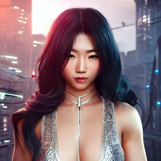 Prompt: Photorealistic woman, beautiful Asian, long hair, futuristic ninja, silver hair, full body pose, symmetrical face, scenic, epic Instagram, artstation, hyperdetailed intricately detailed , unreal engine, intricate detail, splash screen, complementary colors, concept art, 8k, deviantart masterpiece, oil painting, heavy strokes, splash arts, dim lighting