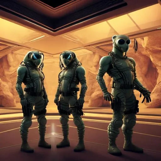 Prompt: tiger security guards in a busy alien bank vault interior, widescreen, infinity vanishing point, surprise me