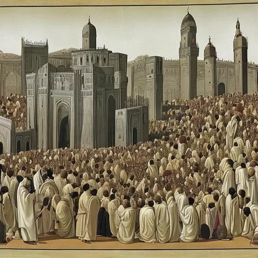 Prompt: prophet ibrahim and prophet
 ismail making kabaa
