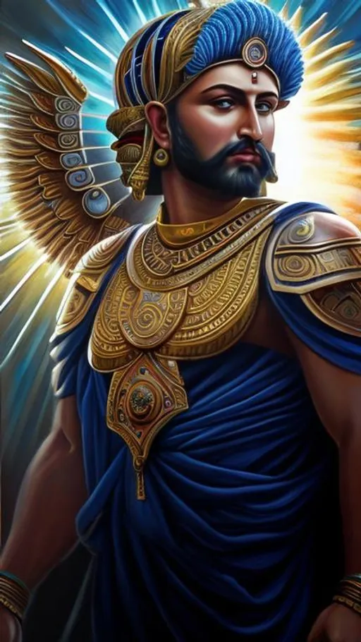 Prompt: High-resolution hyperrealistic painting of {iranian sun god} [mithra], upper body
