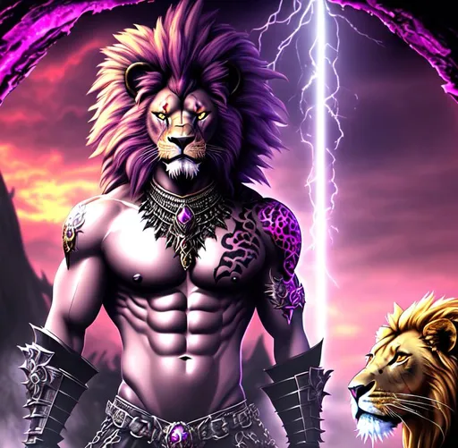 Prompt: Horror, Scary, Ominous, Sinister, freeform dark chaos epic bold, 3D, HD, {one}({liquid metal {African}Lion dressed in Barbarian outfit} with {purple gold pink green red silver blood}ink), expansive psychedelic background --s99500