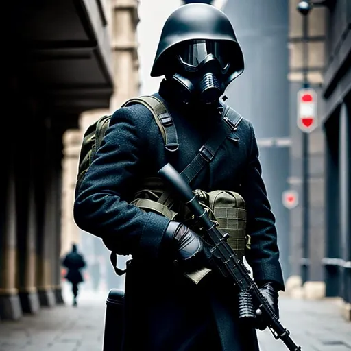Prompt:  A Dark soldier in black overcoat armor and gas mask black, with backpack, carrying a World War II MG-42, Highly Detailed, Hyperrealistic, sharp focus, Professional, UHD, HDR, 8K, Render, electronic, dramatic, vivid, pressure, stress, nervous vibe, loud, tension, traumatic, dark, cataclysmic, violent, fighting, Epic.