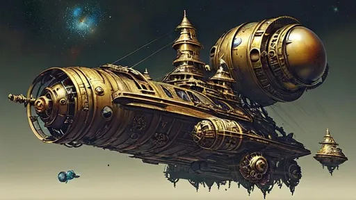 Prompt: steampunk spaceschooner, fantasy based, a lot of gears, springs, wheels, details made, colors rusty, brass, gold, blue,  big gravity wheels, space ship vessel godlike, very worn out, big glass windows and glass bubbles, massive thrusters, intricate details, flying in space, aggressive design, octane render, vivid colours, backround planets, stars, unreal engine 5, SLR, ray tracing, 8k UktraHD, octane render