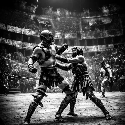 Prompt: monochrome, gladiator arena, fight, brutal, torture, scifi