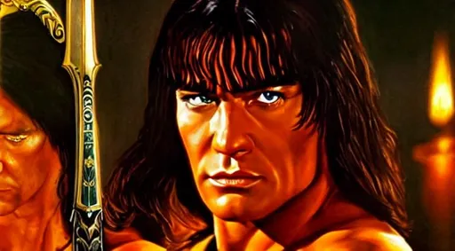 Prompt: Conan the Barbarian as the very handsome James Bond 007, a portrait painted by Peter Engels