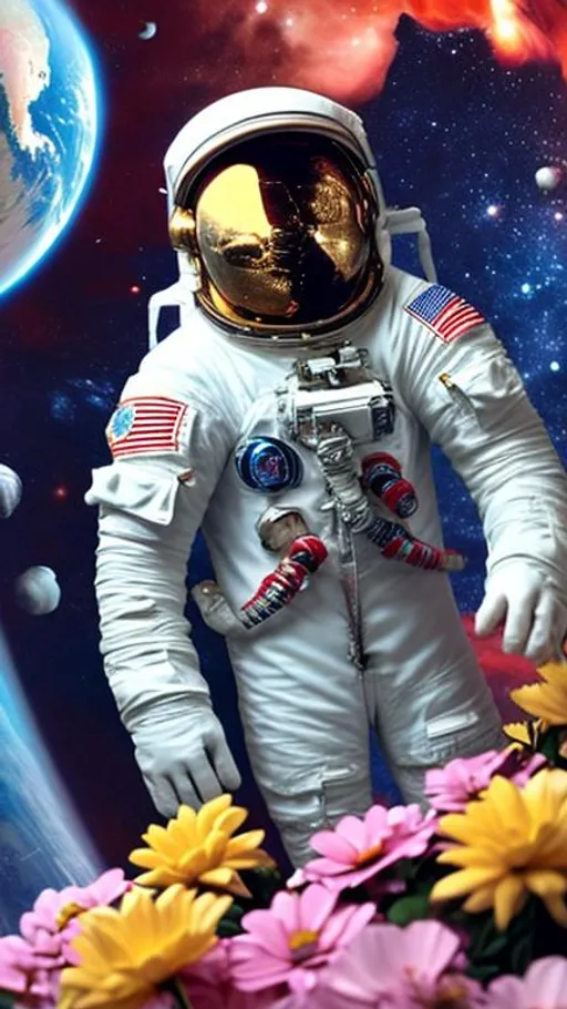 Prompt: An astronaut flying in space with flowers in his hand