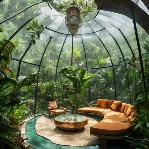 Prompt: a round glass room with a sofa and table within a glass house in jungle, photograph