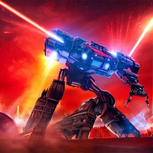Prompt: lifelike image of giant robot war machines shooting red laser beams at oncoming enemy forces.