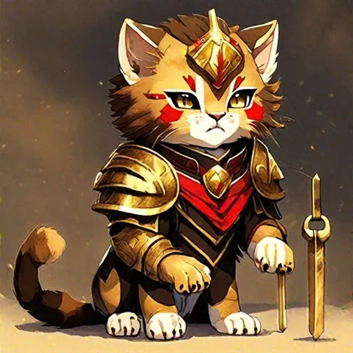 Prompt: Akaviri Potentate Sabre Cat Cub, dark brown fur, saber fangs, round cat ears, golden gladiator-like helm with a red crest, tan fur collar, golden disk pendant, masterpiece, best quality, (in watercolor painting style)