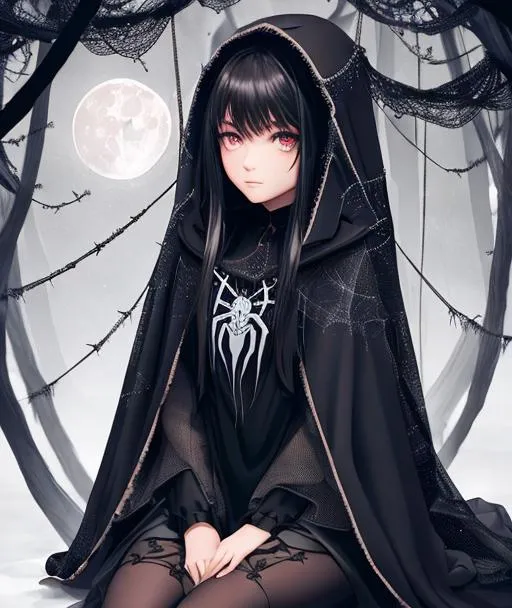 Prompt: llustrate a half-girl, half-spider creature with long hair sitting on a web in a dark forest. She holds a small spider and wears a cloak made of spiderwebs. Use a dark color palette and add a full moon in the background.