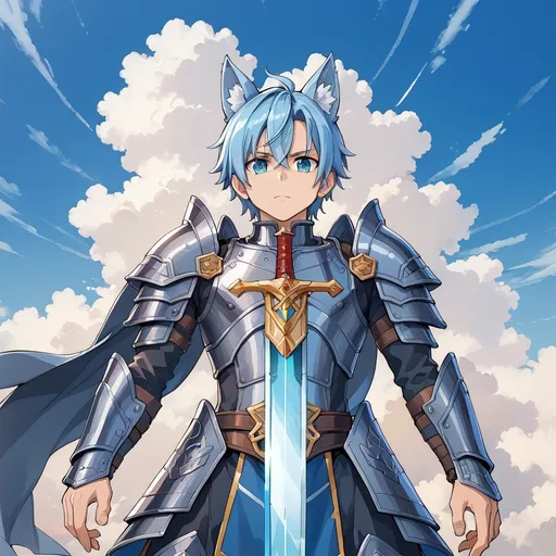 Prompt: a male anime character with blue hair, wolf ears and a sword on his back, shimmering black armor, front view, with a sky background and clouds in the background, Ay-O, sots art, official art