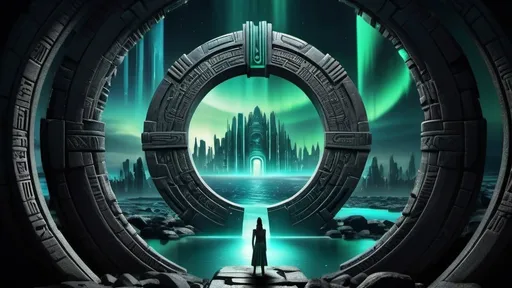 Prompt: magical portal between cities realms worlds kingdoms, circular portal, ring standing on edge, upright ring, freestanding ring, hieroglyphs on ring, complete ring, ancient aztec architecture, atlantis setting, aurora borealis, panoramic view, dark night, futuristic cyberpunk tech-noir setting