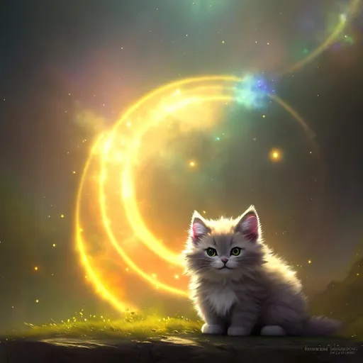 Prompt: Cute, yellow, fluffy, fantasy light kitten, with lighting, yellow eyes, yellow fur, and possessing the element of space and making circles of lighting stripes
 move around in the air in a magical way, in a space background. Perfect features, extremely detailed, realistic. Krenz Cushart + loish +gaston bussiere +craig mullins, j. c. leyendecker +Artgerm.