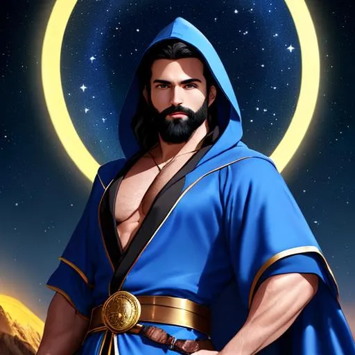 Prompt: A man wearing a blue and gold linen robe with a hood. With a golden belt around his waist. Blue eyes, short black hair, long bushy black beard, pale fair skin. With an aurora borealis and a blue moon in the blue starry night sky. posing, crossing his arms on his chest and crouching. highly detailed