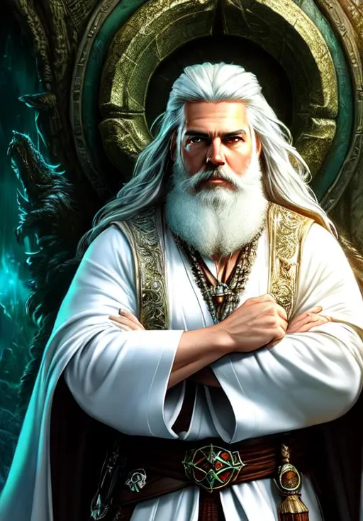 Prompt: UHD, , 8k, high quality, poster art, (( Aleksi Briclot art style)), Tom Cruise, hyper realism, Very detailed, full body, dwarf, cleric, dungeon and dragons, beard, healing magic, white hair, green eyes, white robes,  mythical, ultra high resolution, light and shading in 8k, ultra defined. 