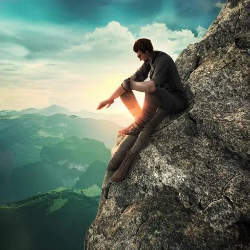 Prompt: photorealistic man sits on a mountaintop, looking into the horizon, magical, impressive, infinity, sunset light, Atmospheric phenomenon, matte painting, dream-like award-winning digital art, conceptual 