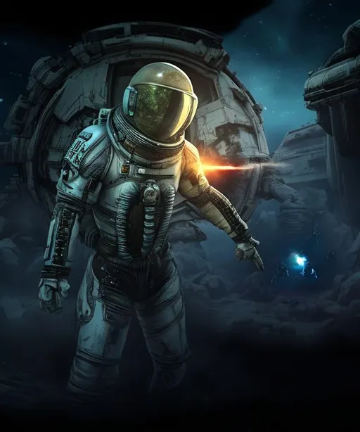 Prompt: spacemen vs aliens  explosions  action wreck spaceship ancient dead infestation 