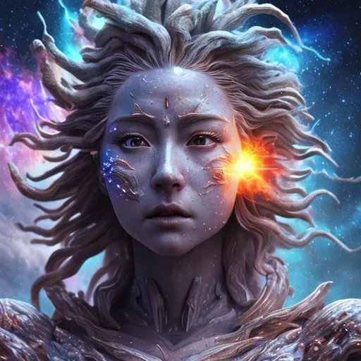 Prompt: (extremely detailed) (hyper realistic) (sharp detailed) (cinematic shot) (masterpiece)female god, extremely face detailed, supernova explosion,  centered,selfie pose, fullbody view, moonlight,  extraordinary shot, night sky, mountains, river, stars, nebula ,clouds, stunning beauty, 2D illustration, high resolution, reflactions.