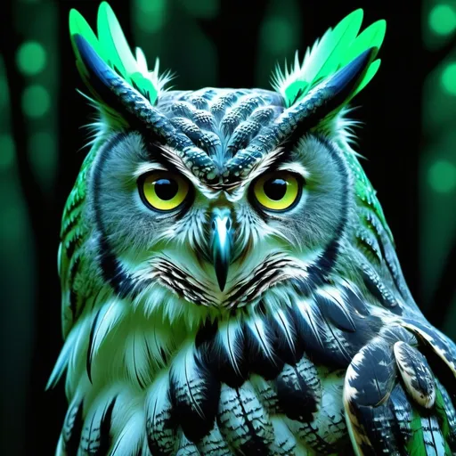 Prompt: retro natural minimalist silver horned owl, enchanted blue neon forest with razor sharp feathers and claws, dramatic, high definition,  detailed feathers, detailed background, vibrant emerald green, focused gaze.