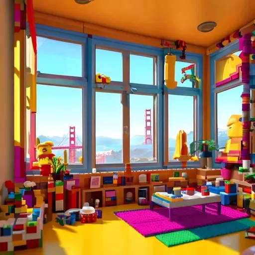 Prompt: A bright and colourful room. There are many Lego sets on the floor. The room has a big window, though the window you can see San Francisco’s view and Golden Gate Bridge. A Lego minifigure is sitting on a couch, the teddy bear is facing the window. 