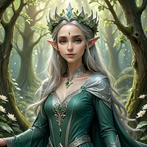 Prompt: Adult slim female elf royalty, graceful posture, ethereal elegance, adorned in intricate silver and emerald robes, wearing a delicate crown, long flowing hair adorned with flowers, serene expression, surrounded by enchanted forest backdrop, magical soft lighting highlighting her features, enchanting atmosphere, mystical aura, ultra-detailed, high quality.