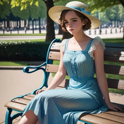 Prompt: old time photo of young emma Watson, dressed with 1920s very short hair, wearing a summer hat, long, flowing, blue spring dress, sitting on a park bench in Paris, France, raw photo, photorealistic, High Detail, dramatic, UHD, HDR raw photo, realistic, sharp focus, 8K high definition, insanely detailed, intricate, high quality, 