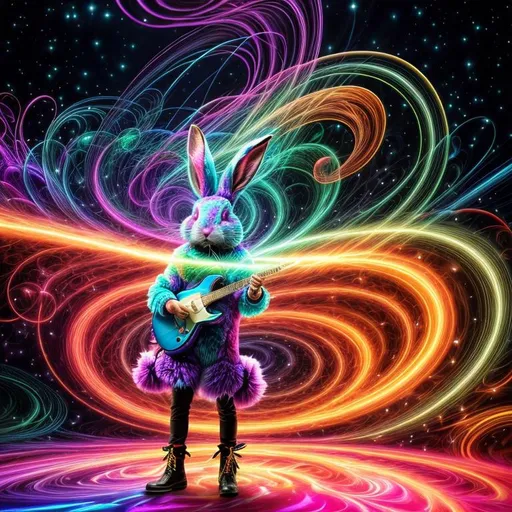 Prompt: beautiful swirl dark chaos vivid bold, 3D, HD, [{one}({liquid fluffy!!! {man}rabbit dressed as Guitarist with {Red Blue green dark-purple}plasma)[::2, expansive psychedelic background --s99500 