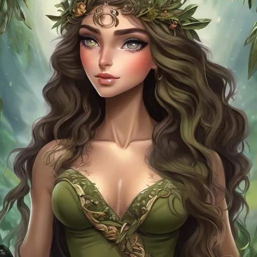 Prompt: Nature goddess with olive skin hazel and green eyes and long wavy brown hair dnd character 