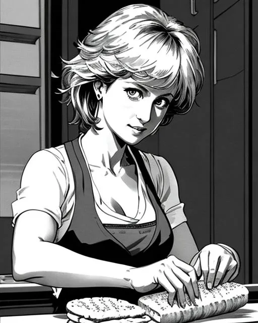 Prompt: poster art (((Yoji Shinkawa))), sticker of ultra high detailed portrait of Princess Diana making a sandwich in the kitchen, full body, high quality cell shaded illustration in post apocalyptic style by Yoji Shinkawa, ((full body)), dynamic pose, perfect anatomy, centered, freedom, soul, approach to perfection, cell shading, 64k , cinematic dramatic atmosphere, watercolor painting, global illumination, detailed and intricate environment, artstation, concept art, fluid and sharp focus, ultra high definition, volumetric lighting, cinematic lighting, Art by Yoji Shinkawa,
