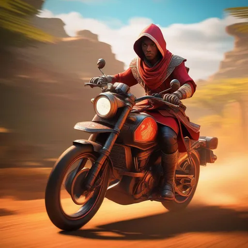 Prompt: Warm colors, 3D, HD, Epic, Gritty, a tiefling with African-American features wearing traditional Chinese garb, riding a big trail motorcycle. From Assassin's Creed. Good Light Effect, vibrant colors, by Nintendo, by Studio Ghibli,