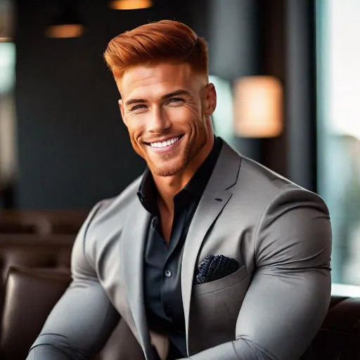 Prompt: Attractive, pretty, very muscular, tan male model, red hair, large shoulders, tight shirt and suit and jacket, confident posture, smiling, professional ambiance, high quality, realistic, cool tones, muscular, detailed facial features, tailored clothes, intense gaze, tailored clothing, ambient lighting