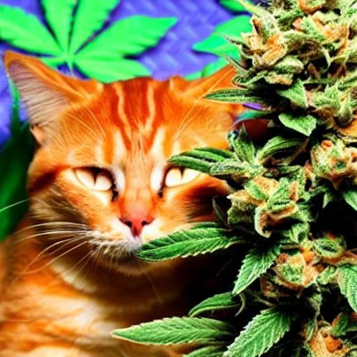 Prompt: Marijuana Plant petting a sleeping orange tabby cat in outer space