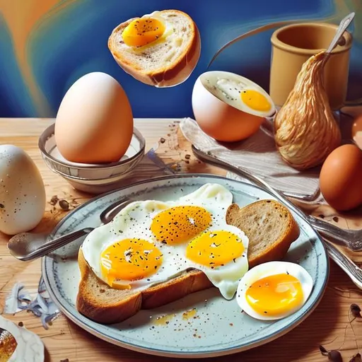 Prompt: Spinny, breakfast, toast, egg, chicken, spoon, weird, abstract, salvaldor dali