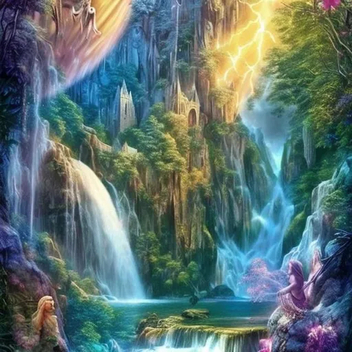 Prompt: Narnia as a background with a rainbow and a waterfall with  a mermaid in the background  with Aslan in a heart with flowers around the heart