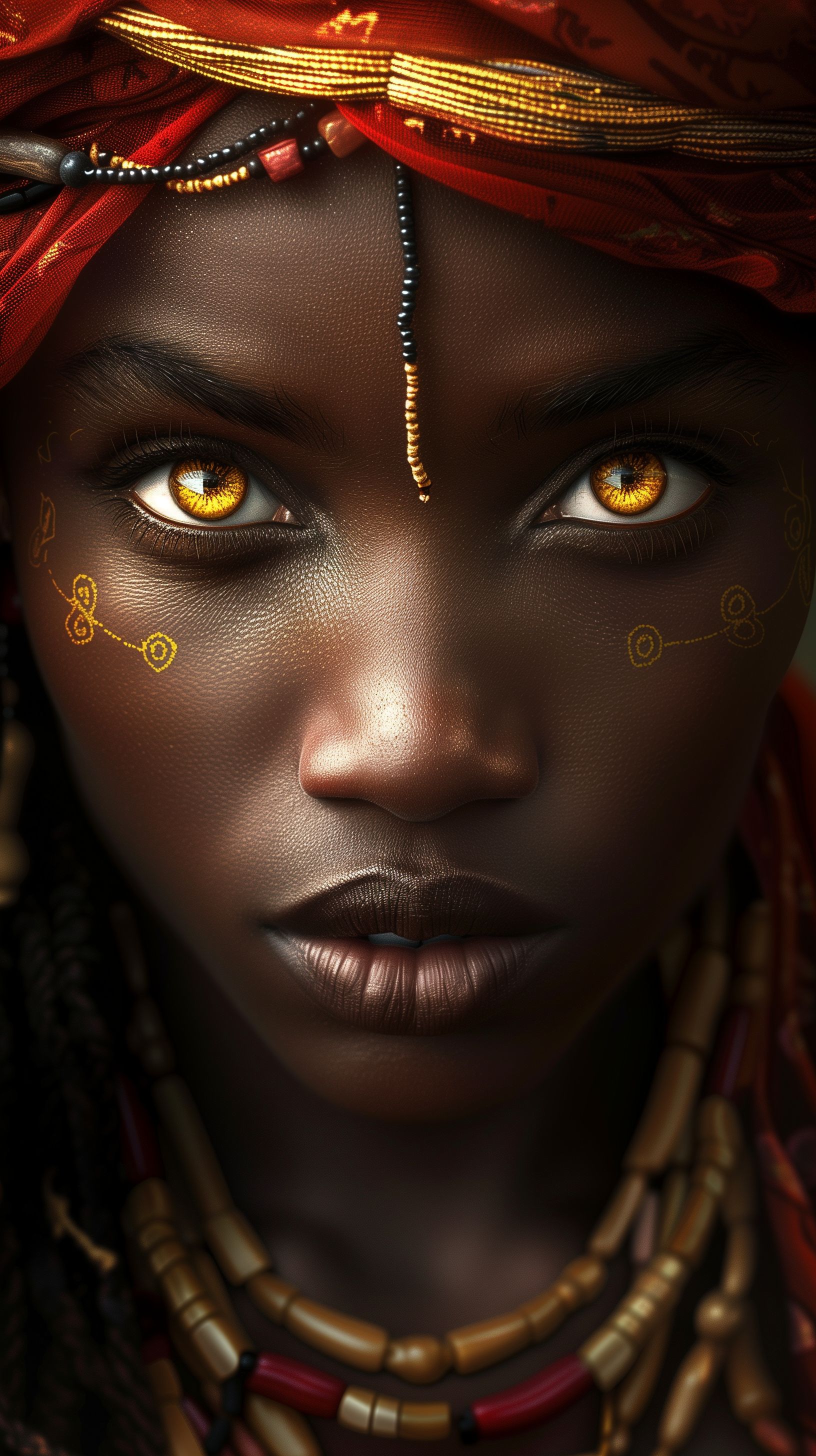 Prompt: attractive dark skin warrior women, tribe from africa, red cloth clothing with beads, peircing eyes, national geographic cover, styled after afgan girl - serious and somber look with a stone cold stare directly at focal point, realistic living with dirt, beauty and conflict --ar 9:16 --c 2 --v 6.0