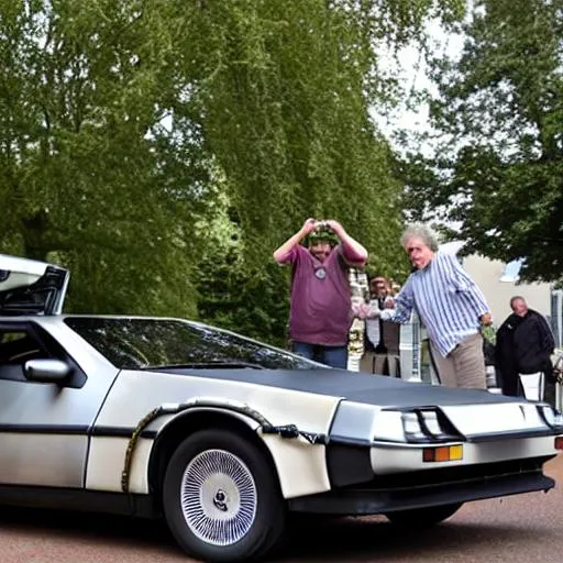 Prompt: back to the future car delorean hovering over a residential street in Southampton, England. people looking up at the car in awe.

