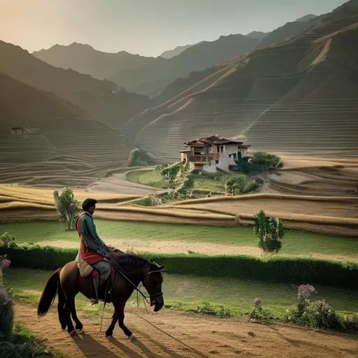 Prompt: A house in a valley. A hero on his horse leaving the house