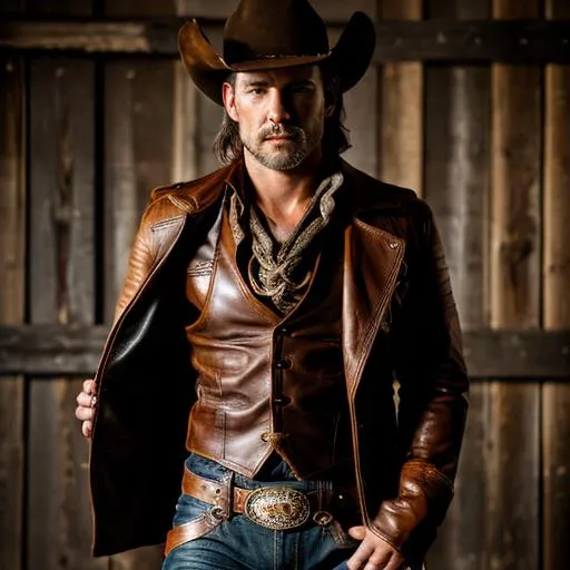 Prompt: Cowboy tied up with rope, leather pants, leather gloves, leather shirt, leather tailcoat, rugged western style, high quality, realistic, warm lighting, detailed textures, dramatic composition, classic cowboy