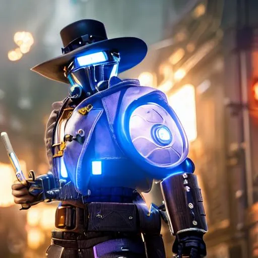 Prompt: hyper realistic male detective warforged with metal skin and two glowing blue eyes, steampunk, DND 5e, high-resolution, cinematic lighting, 8k, octane render, highly detailed