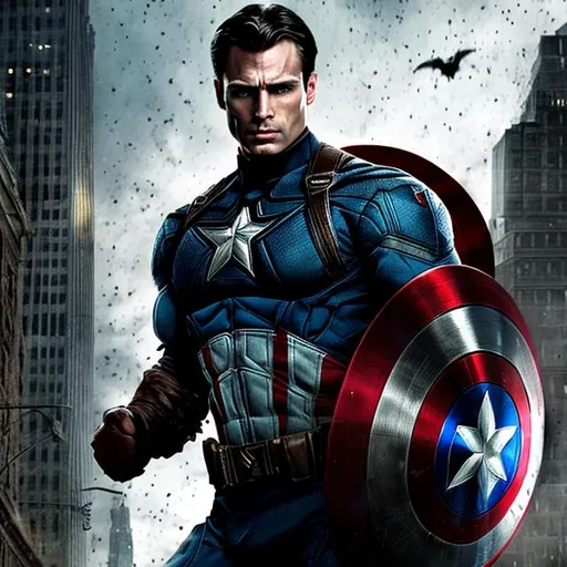 Prompt: Bruce Wayne as captain America. 10K UHD, muscular build, have gotham city look like downtown Manhattan. Have him hold the shield in his right hand