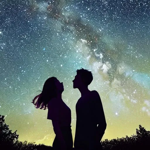 Prompt: styled brightly, platonic friends 
standing looking up at a starry night sky
