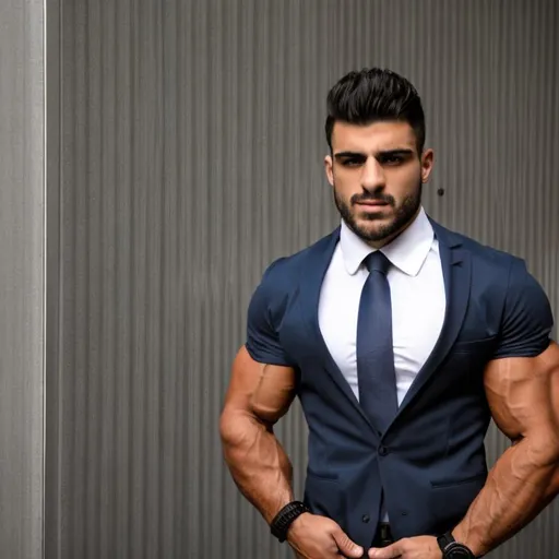 Prompt: Hot muscular Spanish bodybuilder in a  too-tight business suit