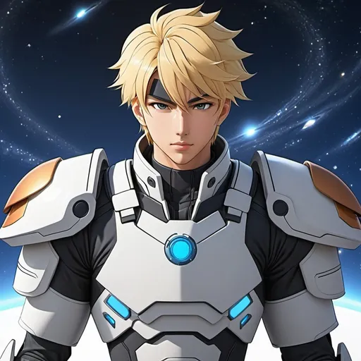 Prompt: Anime space mongol warrior youth, sci-fi armor, blond young man, cel shaded, manga