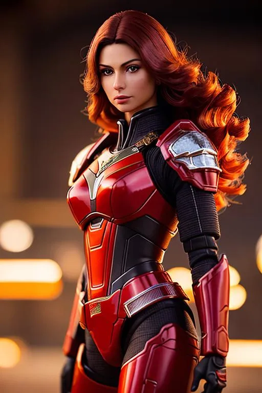 Prompt: Please take a tilt-shift photography technique photograph of  a painted plastic model of beautiful young Morena Baccarin, red hair, wearing red lace mech armor, amazing colors, tan skin, shiny paint specular ,long red hair, highlights, dramatic lighting  hyperdetailed by Ilya Kuvshinov