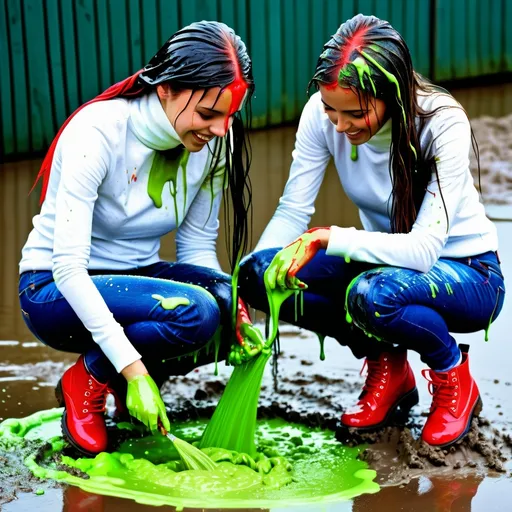 Prompt: photo of young woman, soaking wet clothes, red shoes, tight denim jeans, long sleeve white turtleneck ,  , two girls getting paint and slime poured over their head messy mud,   enjoying, water dripping from clothes, clothes stuck to body,  detailed textures of the wet fabric, wet face, wet plastered hair,  wet, drenched, professional, high-quality details, full body view.