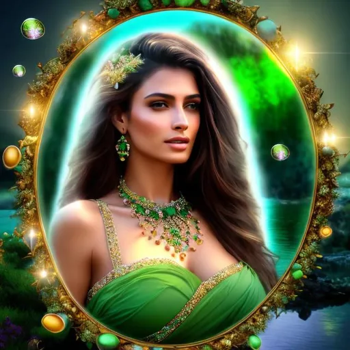 Prompt: HD 4k 3D 8k professional modeling photo hyper realistic beautiful woman ethereal greek goddess of motherhood
green hair brown eyes gorgeous face olive skin shimmering dress with gems jewelry pregnant mother full body surrounded by magical glowing light hd landscape background pond with frogs