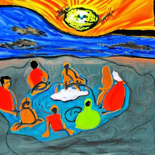 Prompt: A bunch of friends sitting around a fire on a beach having fun drinking smoking with sea turtles sitting around with them. abstract art, Picasso painting style, sea turtles  moon, sun planets, ocean 

