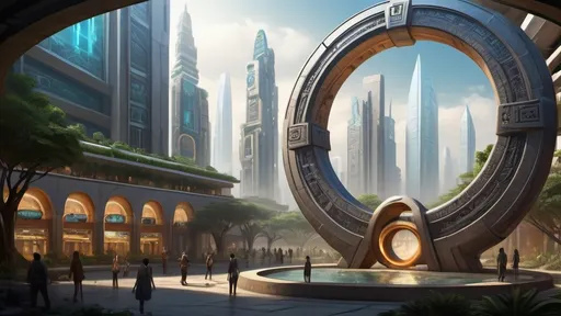 Prompt: magical portal between cities realms worlds kingdoms, circular portal, ring standing on edge, upright ring, freestanding ring, hieroglyphs on ring, complete ring, ancient indus valley architecture, gardens, hotels, office buildings, shopping malls, large wide-open city plaza, turned sideways view, futuristic cyberpunk tech-noir setting