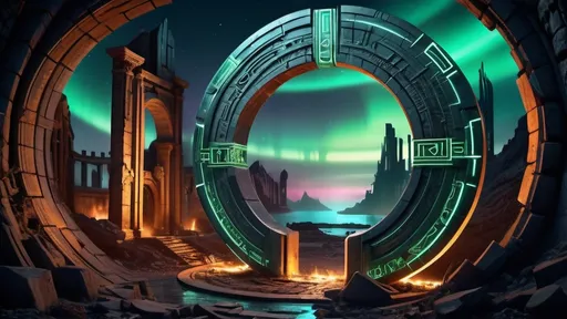 Prompt: magical portal between cities realms worlds kingdoms, circular portal, ring standing on edge, upright ring, freestanding ring, hieroglyphs on ring, complete ring, ruins, ancient roman architecture, atlantis city plaza setting, aurora borealis, panoramic view, dark night, futuristic cyberpunk tech-noir setting